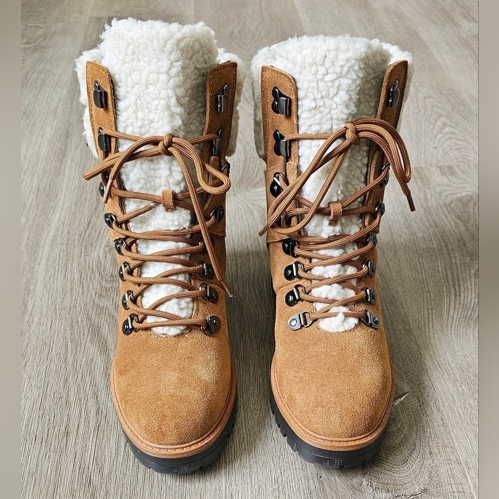 Marc Fisher Tan Suede Sherpa-Lined Lace-Up Winter Boots – Size 8M - Picture 2 of 12